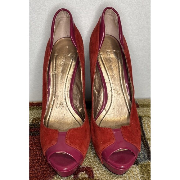 BCBG Red Velvet And Fuchsia Patent Leather Platform Heels. - Picture 1 of 5